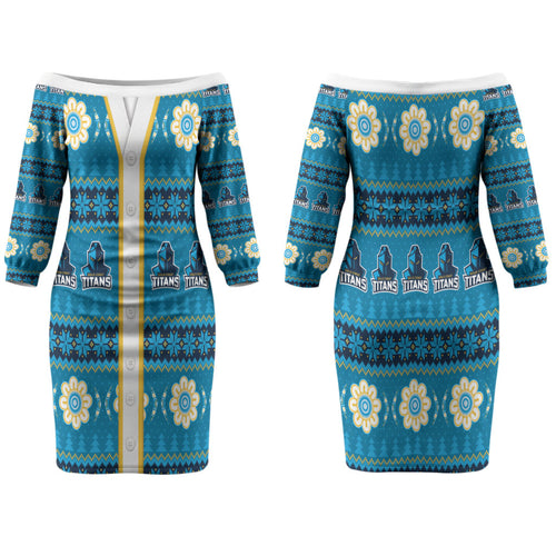 Titans Rugby Christmas Family Matching Off The Shoulder Long Sleeve Dress and Hawaiian Shirt Aboriginal Seamless Cardigan Inspired