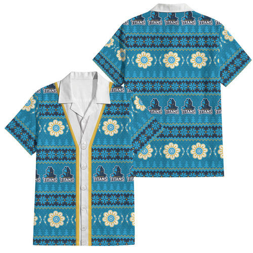 Titans Rugby Christmas Family Matching Off The Shoulder Long Sleeve Dress and Hawaiian Shirt Aboriginal Seamless Cardigan Inspired
