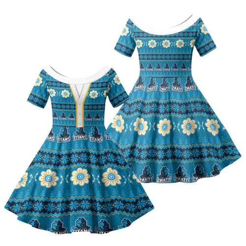 Titans Rugby Christmas Family Matching Off The Shoulder Long Sleeve Dress and Hawaiian Shirt Aboriginal Seamless Cardigan Inspired