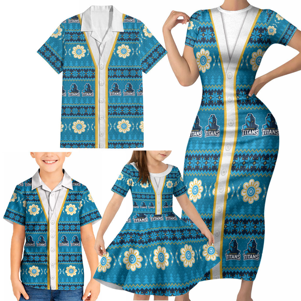 Titans Rugby Christmas Family Matching Short Sleeve Bodycon Dress and Hawaiian Shirt Aboriginal Seamless Cardigan Inspired