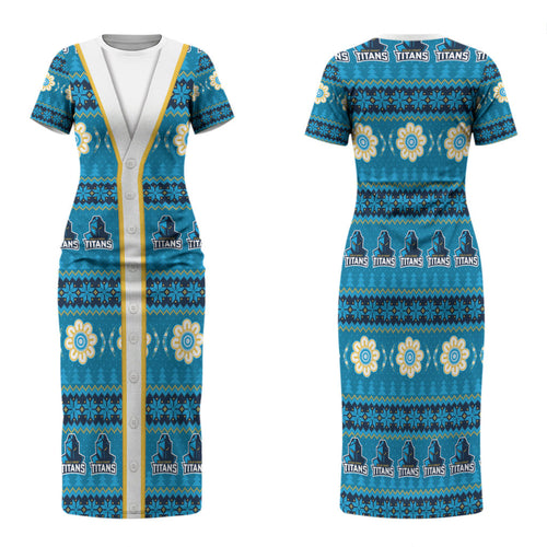 Titans Rugby Christmas Family Matching Short Sleeve Bodycon Dress and Hawaiian Shirt Aboriginal Seamless Cardigan Inspired