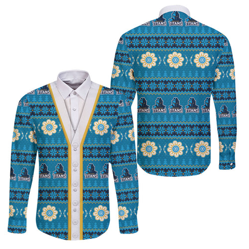 Titans Rugby Christmas Family Matching Short Sleeve Bodycon Dress and Hawaiian Shirt Aboriginal Seamless Cardigan Inspired