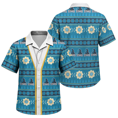 Titans Rugby Christmas Family Matching Short Sleeve Bodycon Dress and Hawaiian Shirt Aboriginal Seamless Cardigan Inspired