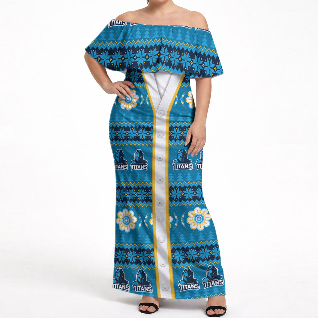 Titans Rugby Christmas Off Shoulder Maxi Dress Aboriginal Seamless Cardigan Inspired