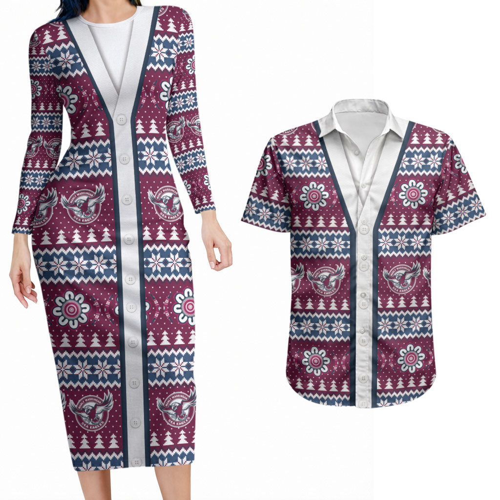 Sea Eagles Rugby Christmas Couples Matching Long Sleeve Bodycon Dress and Hawaiian Shirt Aboriginal Seamless Cardigan Inspired