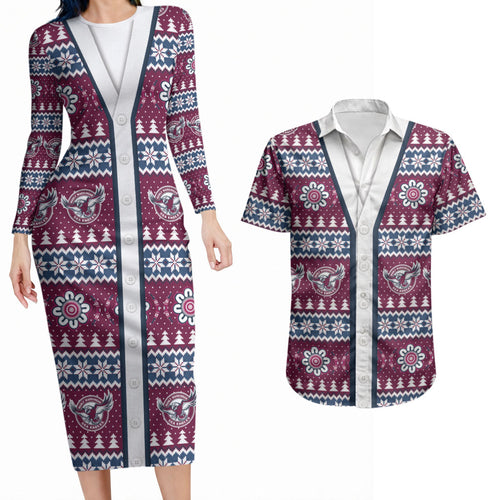 Sea Eagles Rugby Christmas Couples Matching Long Sleeve Bodycon Dress and Hawaiian Shirt Aboriginal Seamless Cardigan Inspired
