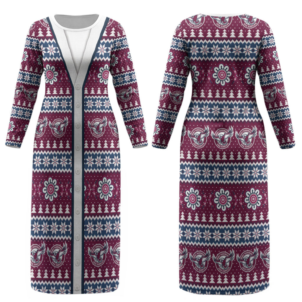 Sea Eagles Rugby Christmas Couples Matching Long Sleeve Bodycon Dress and Hawaiian Shirt Aboriginal Seamless Cardigan Inspired
