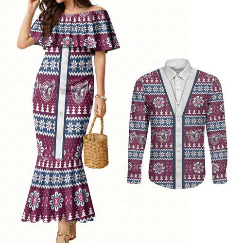 Sea Eagles Rugby Christmas Couples Matching Mermaid Dress and Long Sleeve Button Shirt Aboriginal Seamless Cardigan Inspired