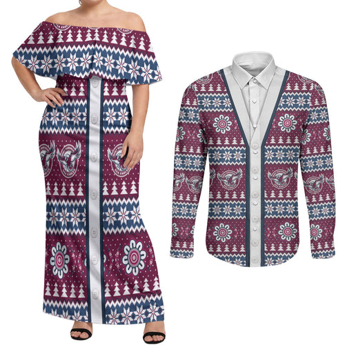 Sea Eagles Rugby Christmas Couples Matching Off Shoulder Maxi Dress and Long Sleeve Button Shirt Aboriginal Seamless Cardigan Inspired