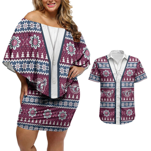 Sea Eagles Rugby Christmas Couples Matching Off Shoulder Short Dress and Hawaiian Shirt Aboriginal Seamless Cardigan Inspired