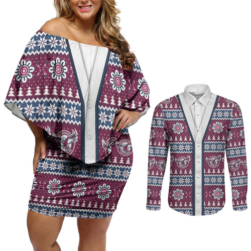 Sea Eagles Rugby Christmas Couples Matching Off Shoulder Short Dress and Long Sleeve Button Shirt Aboriginal Seamless Cardigan Inspired