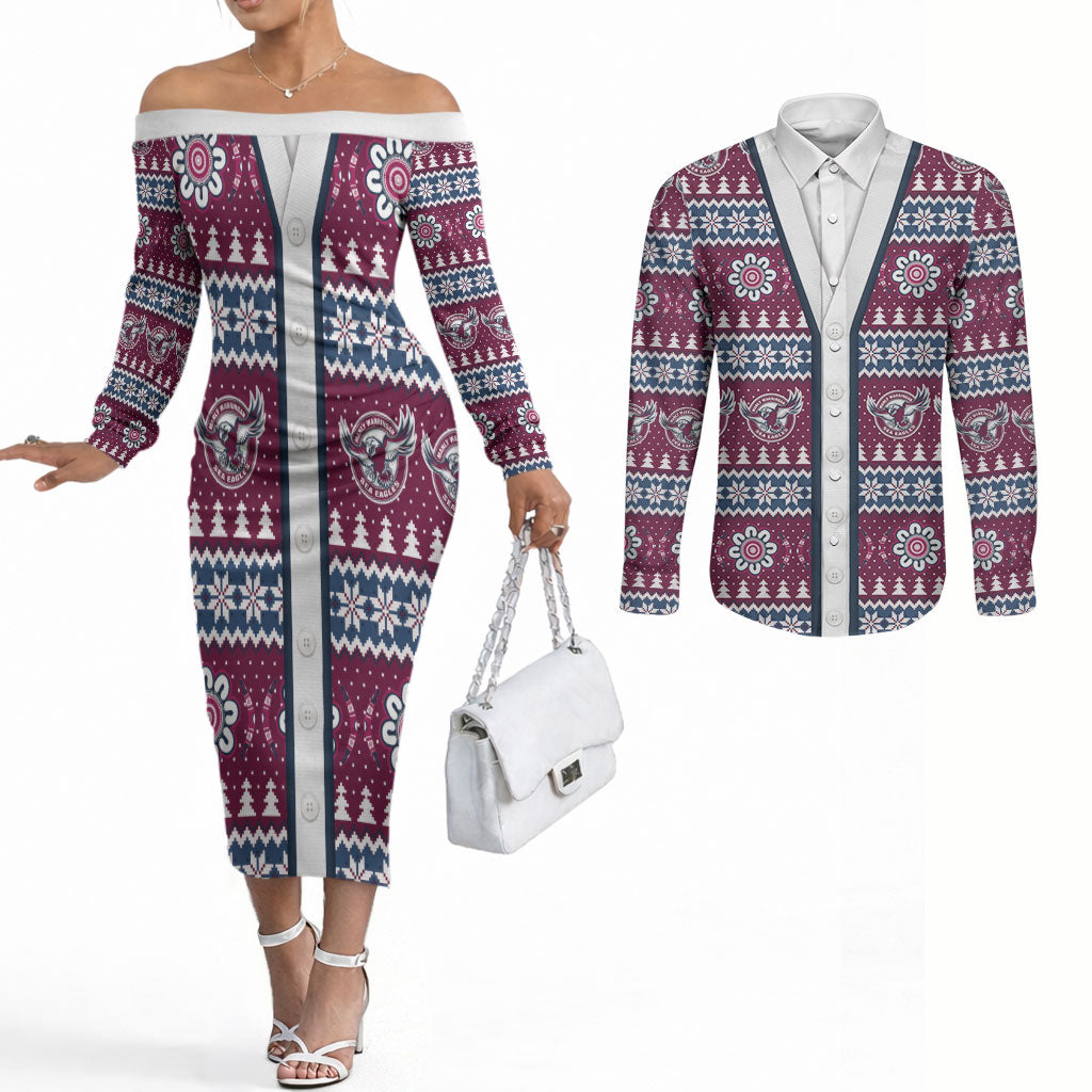 Sea Eagles Rugby Christmas Couples Matching Off The Shoulder Long Sleeve Dress and Long Sleeve Button Shirt Aboriginal Seamless Cardigan Inspired