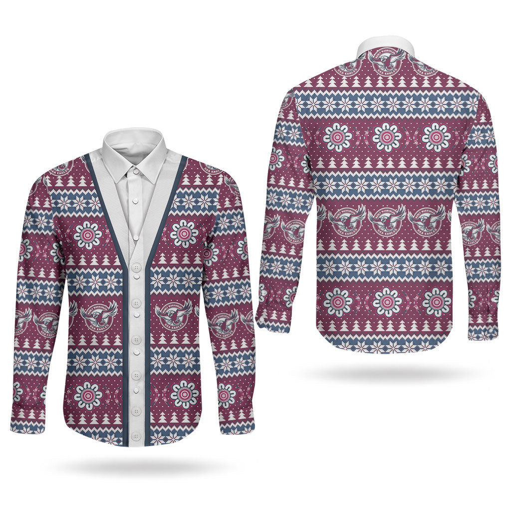 Sea Eagles Rugby Christmas Couples Matching Off The Shoulder Long Sleeve Dress and Long Sleeve Button Shirt Aboriginal Seamless Cardigan Inspired