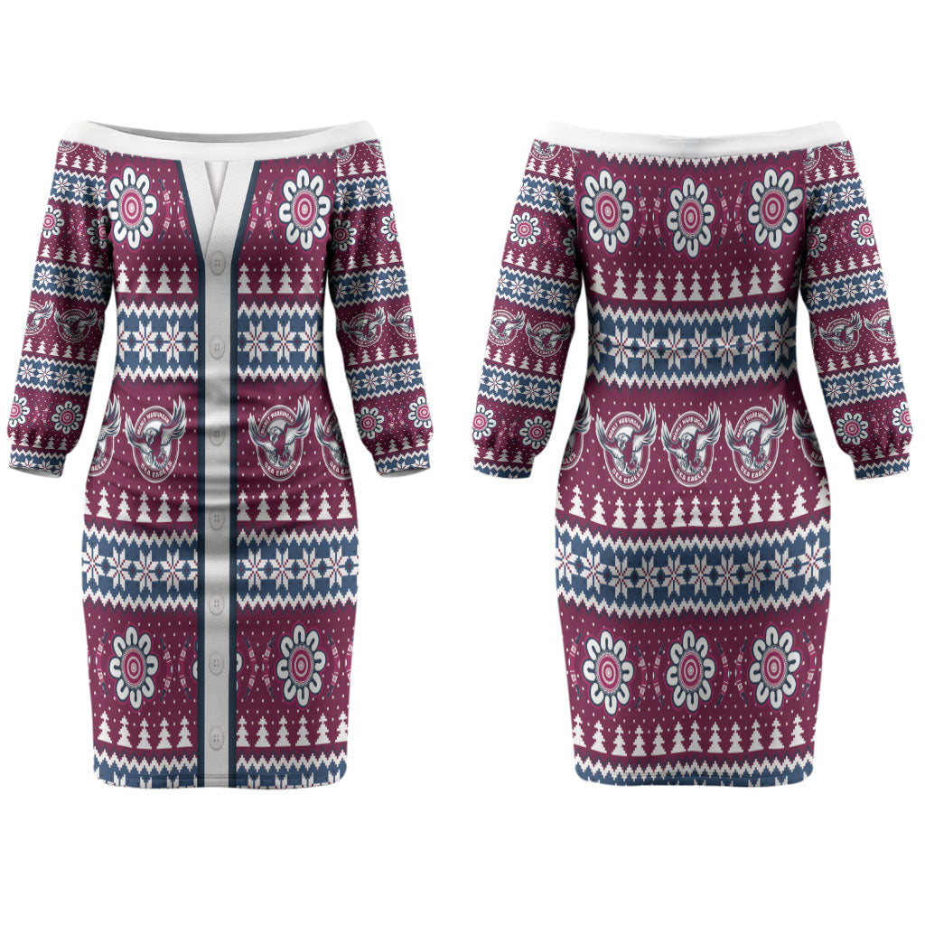 Sea Eagles Rugby Christmas Couples Matching Off The Shoulder Long Sleeve Dress and Long Sleeve Button Shirt Aboriginal Seamless Cardigan Inspired