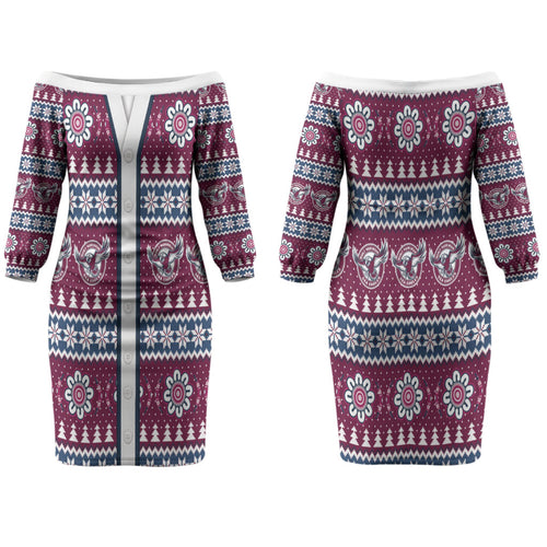 Sea Eagles Rugby Christmas Couples Matching Off The Shoulder Long Sleeve Dress and Long Sleeve Button Shirt Aboriginal Seamless Cardigan Inspired
