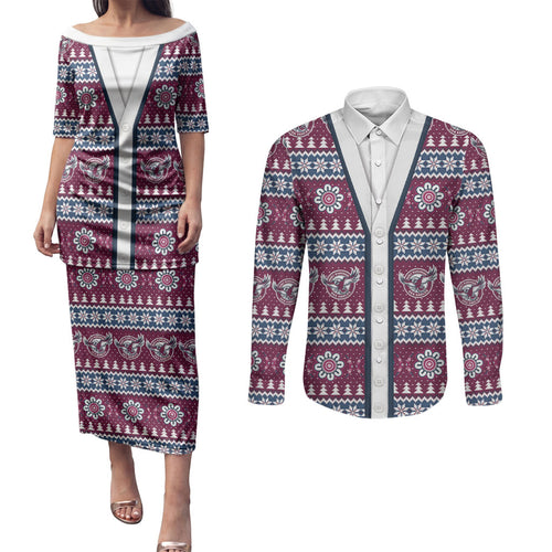 Sea Eagles Rugby Christmas Couples Matching Puletasi and Long Sleeve Button Shirt Aboriginal Seamless Cardigan Inspired