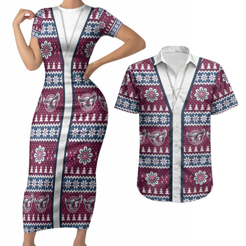 Sea Eagles Rugby Christmas Couples Matching Short Sleeve Bodycon Dress and Hawaiian Shirt Aboriginal Seamless Cardigan Inspired