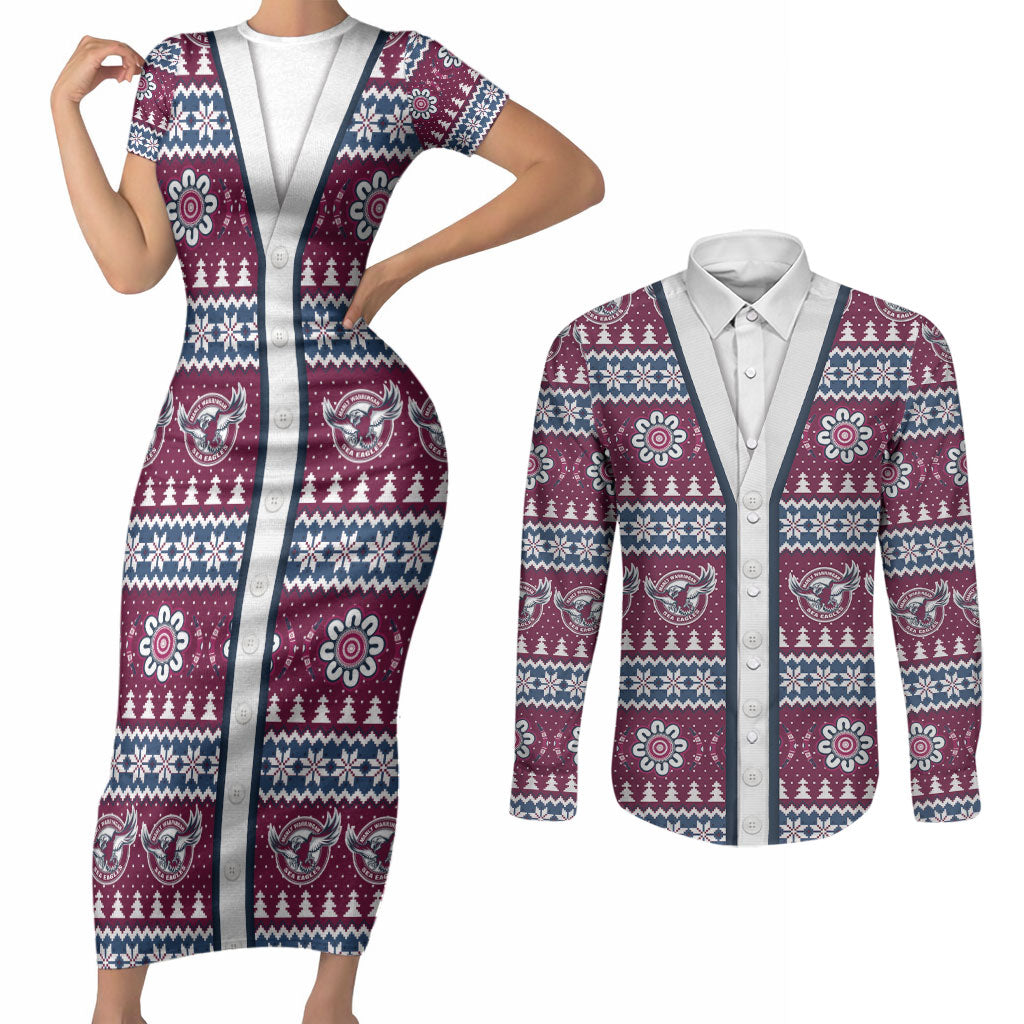Sea Eagles Rugby Christmas Couples Matching Short Sleeve Bodycon Dress and Long Sleeve Button Shirt Aboriginal Seamless Cardigan Inspired