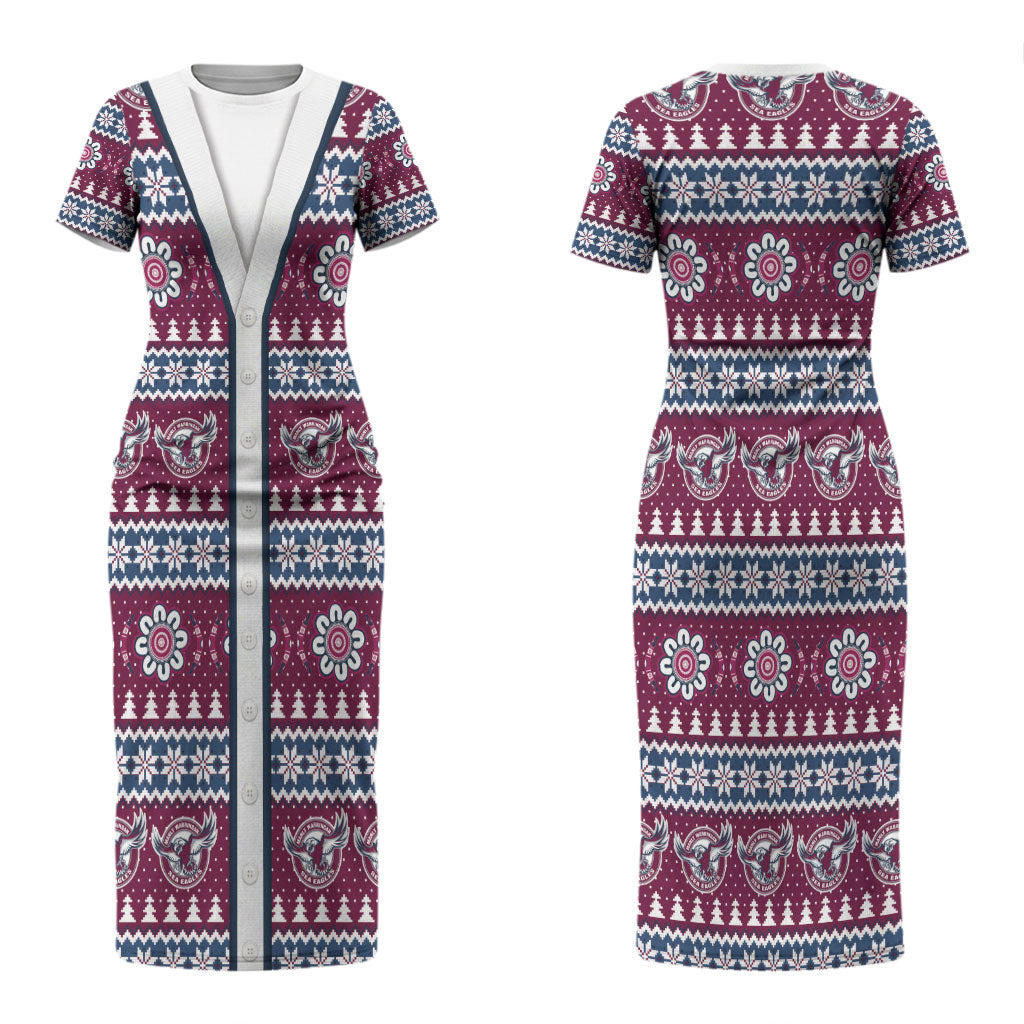 Sea Eagles Rugby Christmas Couples Matching Short Sleeve Bodycon Dress and Long Sleeve Button Shirt Aboriginal Seamless Cardigan Inspired