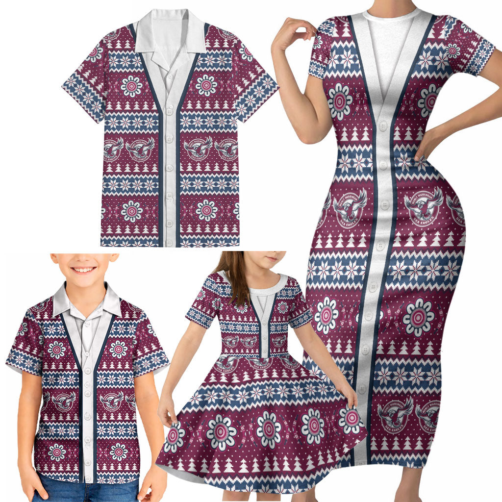 Sea Eagles Rugby Christmas Family Matching Short Sleeve Bodycon Dress and Hawaiian Shirt Aboriginal Seamless Cardigan Inspired