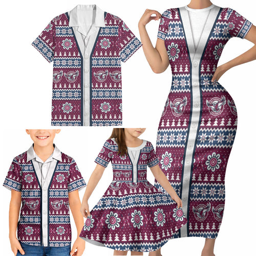 Sea Eagles Rugby Christmas Family Matching Short Sleeve Bodycon Dress and Hawaiian Shirt Aboriginal Seamless Cardigan Inspired
