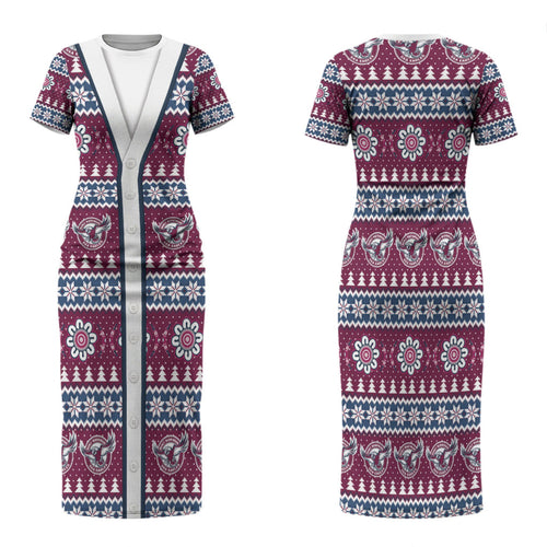 Sea Eagles Rugby Christmas Family Matching Short Sleeve Bodycon Dress and Hawaiian Shirt Aboriginal Seamless Cardigan Inspired
