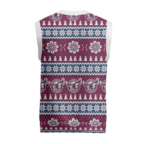 Sea Eagles Rugby Christmas Knitted V-Neck Vest Aboriginal Seamless Cardigan Inspired