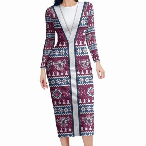 Sea Eagles Rugby Christmas Long Sleeve Bodycon Dress Aboriginal Seamless Cardigan Inspired