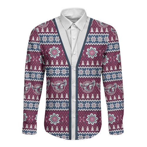 Sea Eagles Rugby Christmas Long Sleeve Button Shirt Aboriginal Seamless Cardigan Inspired