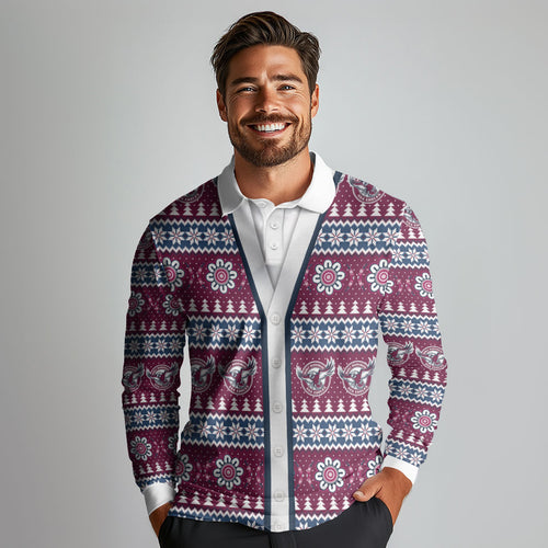 Sea Eagles Rugby Christmas Long Sleeve Polo Shirt Aboriginal Seamless Cardigan Inspired