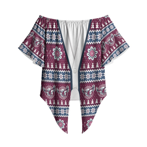 Sea Eagles Rugby Christmas Off Shoulder Wrap Waist Top Aboriginal Seamless Cardigan Inspired