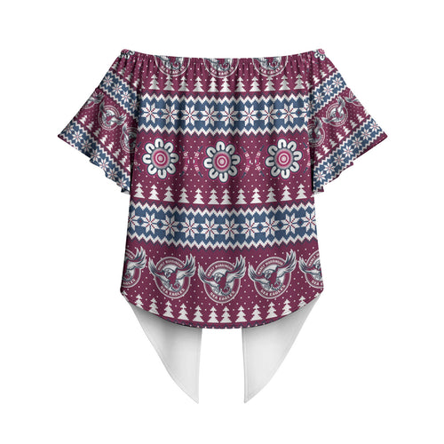 Sea Eagles Rugby Christmas Off Shoulder Wrap Waist Top Aboriginal Seamless Cardigan Inspired