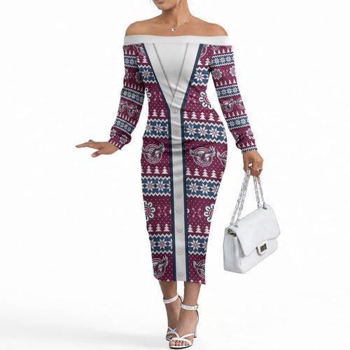 Sea Eagles Rugby Christmas Off The Shoulder Long Sleeve Dress Aboriginal Seamless Cardigan Inspired