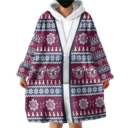 Sea Eagles Rugby Christmas Wearable Blanket Hoodie Aboriginal Seamless Cardigan Inspired