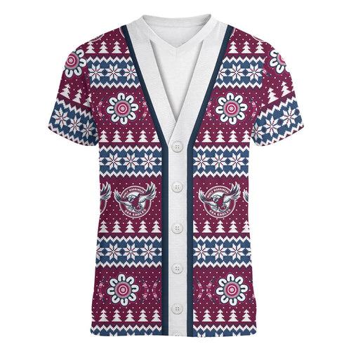 Sea Eagles Rugby Christmas Women V-Neck T-Shirt Aboriginal Seamless Cardigan Inspired