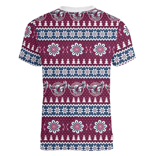 Sea Eagles Rugby Christmas Women V-Neck T-Shirt Aboriginal Seamless Cardigan Inspired