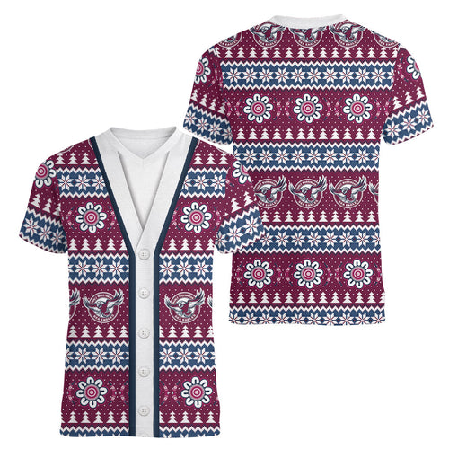 Sea Eagles Rugby Christmas Women V-Neck T-Shirt Aboriginal Seamless Cardigan Inspired