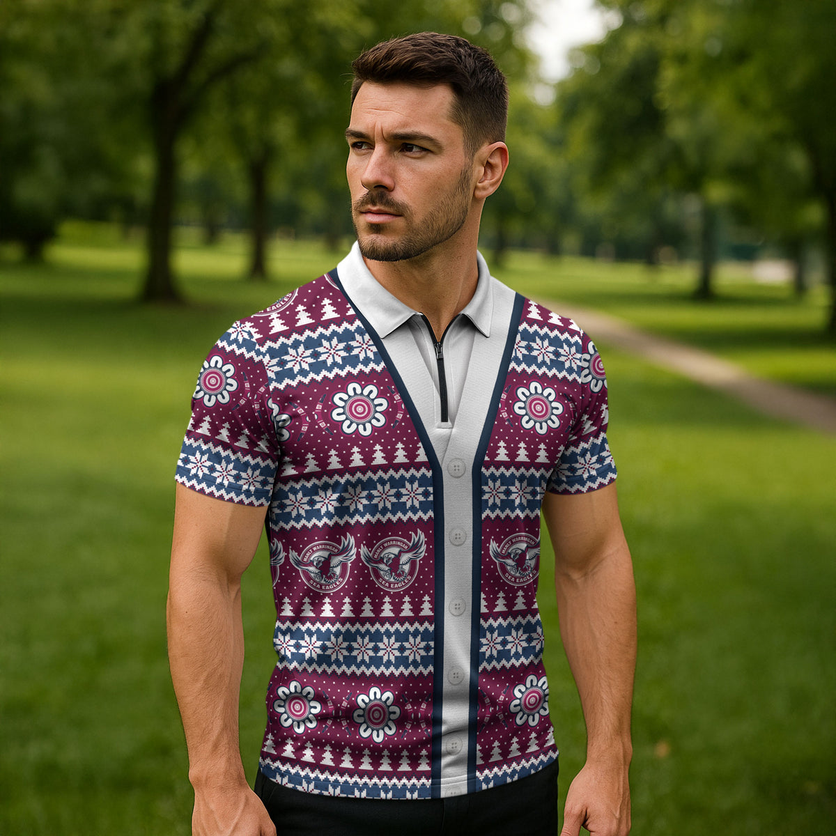 Sea Eagles Rugby Christmas Zipper Polo Shirt Aboriginal Seamless Cardigan Inspired
