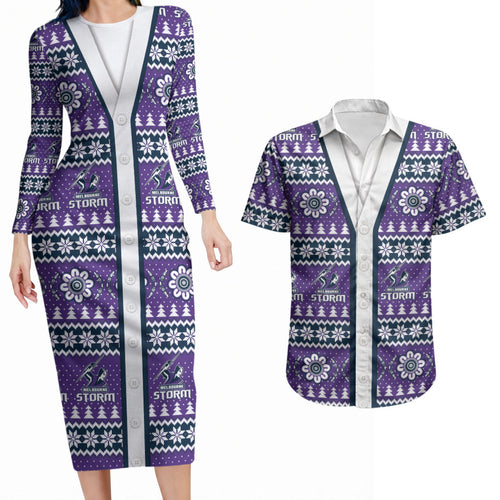 Storm Rugby Christmas Couples Matching Long Sleeve Bodycon Dress and Hawaiian Shirt Aboriginal Seamless Cardigan Inspired