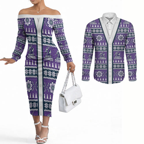 Storm Rugby Christmas Couples Matching Off The Shoulder Long Sleeve Dress and Long Sleeve Button Shirt Aboriginal Seamless Cardigan Inspired