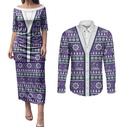 Storm Rugby Christmas Couples Matching Puletasi and Long Sleeve Button Shirt Aboriginal Seamless Cardigan Inspired