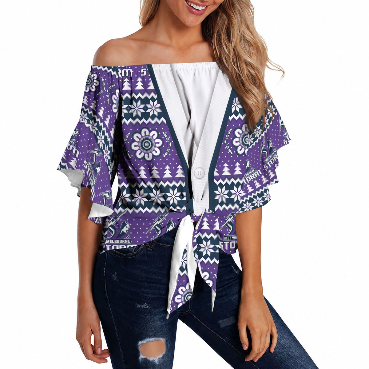 Storm Rugby Christmas Off Shoulder Wrap Waist Top Aboriginal Seamless Cardigan Inspired