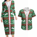 Rabbitohs Rugby Christmas Couples Matching Long Sleeve Bodycon Dress and Hawaiian Shirt Aboriginal Seamless Cardigan Inspired