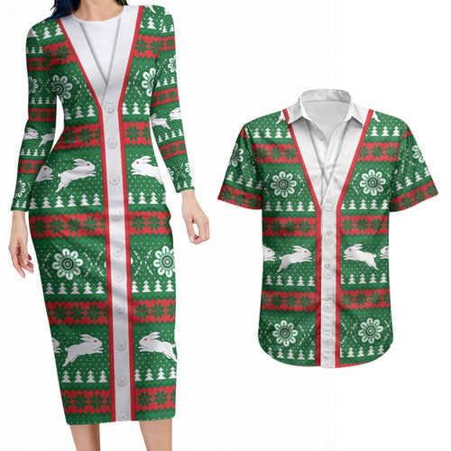 Rabbitohs Rugby Christmas Couples Matching Long Sleeve Bodycon Dress and Hawaiian Shirt Aboriginal Seamless Cardigan Inspired