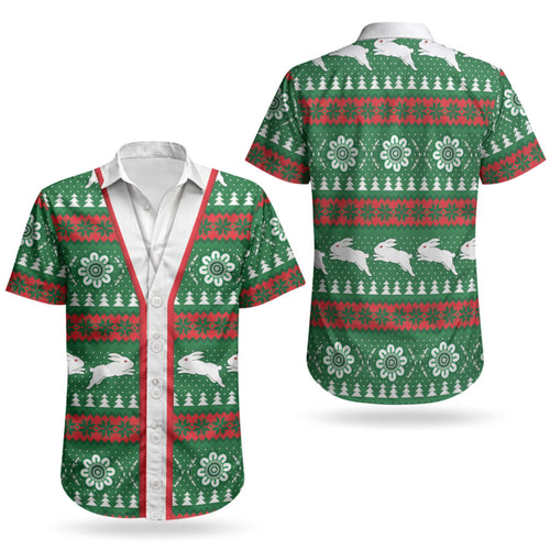 Rabbitohs Rugby Christmas Couples Matching Long Sleeve Bodycon Dress and Hawaiian Shirt Aboriginal Seamless Cardigan Inspired