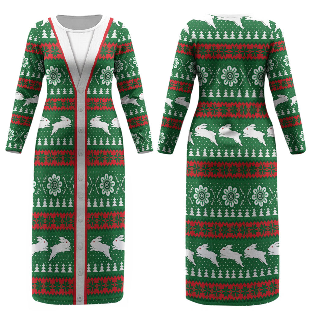 Rabbitohs Rugby Christmas Couples Matching Long Sleeve Bodycon Dress and Hawaiian Shirt Aboriginal Seamless Cardigan Inspired