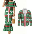 Rabbitohs Rugby Christmas Couples Matching Mermaid Dress and Long Sleeve Button Shirt Aboriginal Seamless Cardigan Inspired