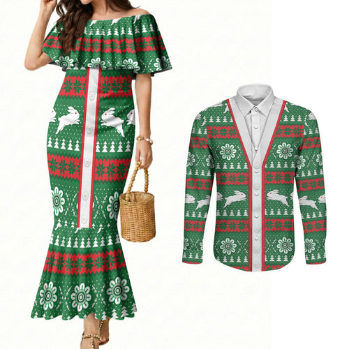 Rabbitohs Rugby Christmas Couples Matching Mermaid Dress and Long Sleeve Button Shirt Aboriginal Seamless Cardigan Inspired