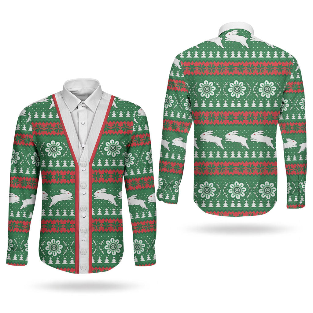 Rabbitohs Rugby Christmas Couples Matching Mermaid Dress and Long Sleeve Button Shirt Aboriginal Seamless Cardigan Inspired
