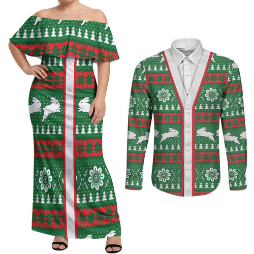 Rabbitohs Rugby Christmas Couples Matching Off Shoulder Maxi Dress and Long Sleeve Button Shirt Aboriginal Seamless Cardigan Inspired